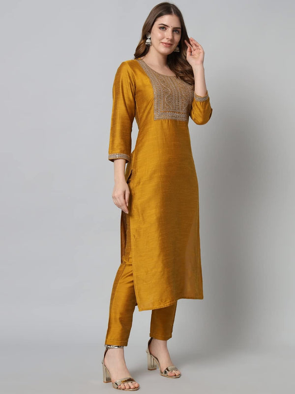 🌟 Mustard Yellow Silk Blend Kurta Set for Women 👗 | Festive Wear with Intricate Embroidery ✨