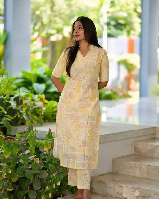 Elegant Yellow Cotton Kurta Set for Women | Ethnic Wear for Summer ☀️ | 3/4 Sleeve Straight Kurta & Pant