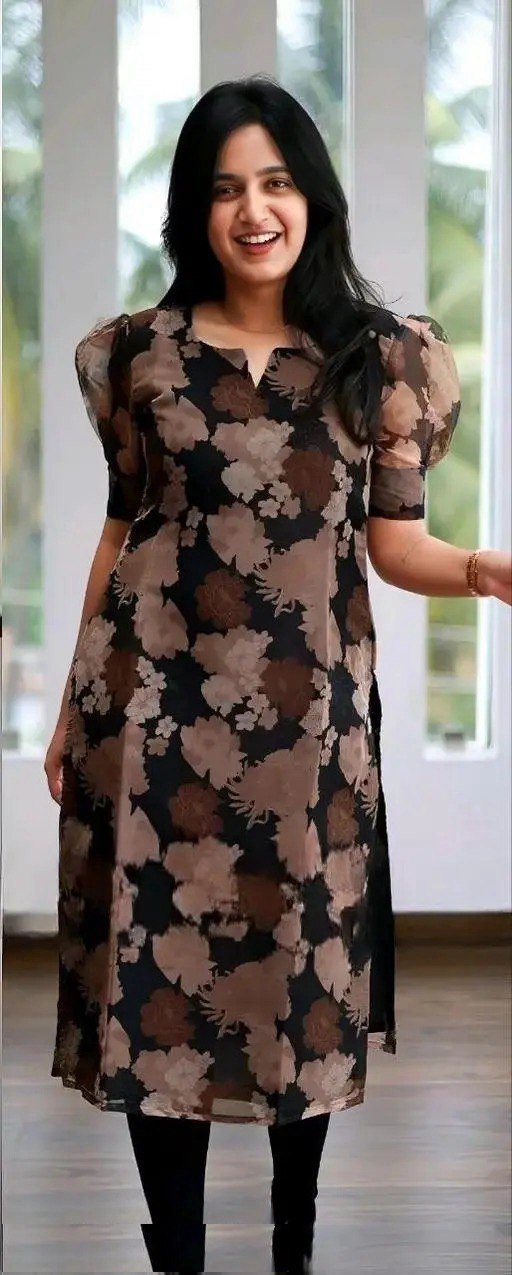 🌸 Elegant Black & Brown Floral Printed Kurti for Women 🌿 | Puff Sleeve Style | Soft Georgette Fabric