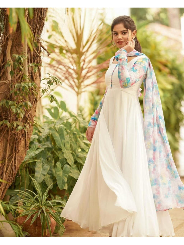 WHITE DHULETI COLOR GOWN WITH DUPATTA