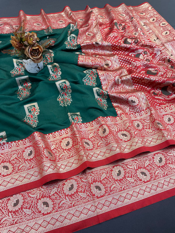 💚 Elegant Green & Red Banarasi Silk Saree with Gold Zari Work 🌸🦚 | Traditional Wedding & Festive Wear