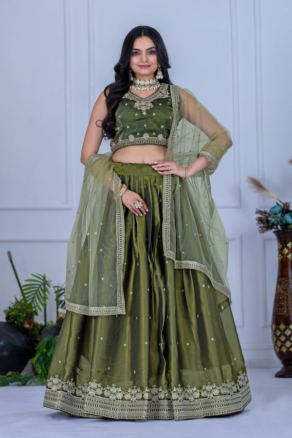 🌿 Mehendi Green Silk Lehenga Choli Set for Women | Designer Ethnic Wear with Embroidery & Dupatta ✨ | Wedding & Festive Outfit