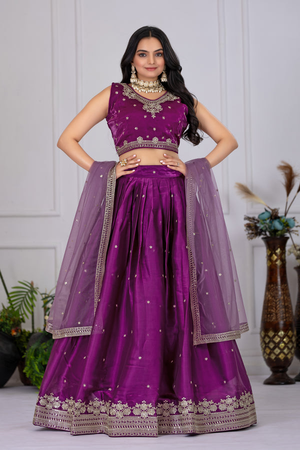 Royal Wine Silk Lehenga Choli Set for Women | Embroidered Designer Bridal & Festive Wear ✨ | With Net Dupatta 👑