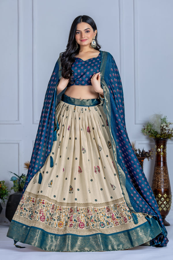 💙 Royal Blue & Cream Jacquard Silk Lehenga Choli Set | Traditional Print 🐘✨ & Zari Border Dupatta | Ethnic Festive & Wedding Wear