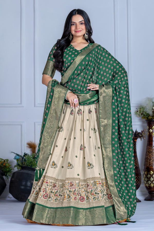 💚 Elegant Green & Cream Jacquard Silk Lehenga Choli Set | Zari Woven Dupatta & Traditional Prints 🐘🌼 | Bridal, Festive & Ethnic Wear