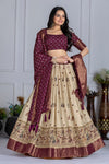 🍷 Elegant Wine & Cream Lehenga Choli Set for Women | Traditional Jacquard Silk Fabric with Woven Dupatta & Printed Ethnic Motifs 🐘✨ | Wedding & Festive Wear