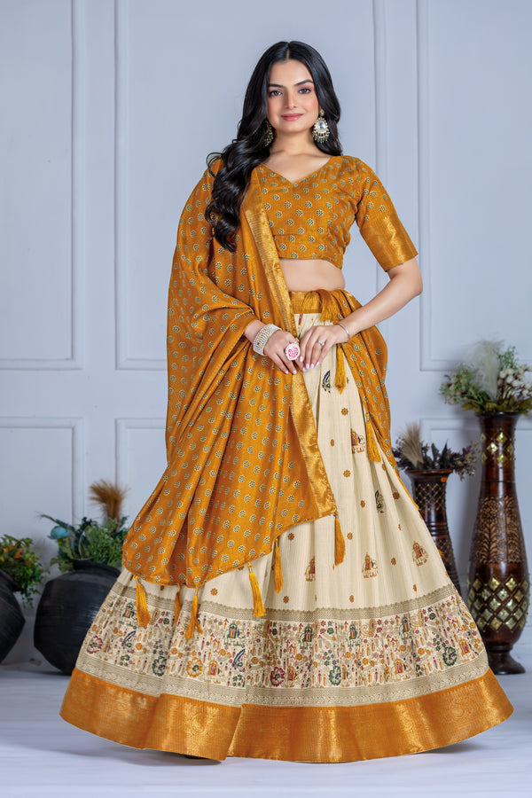 🌼 Mustard Yellow & Cream Ethnic Lehenga Choli Set | Jacquard Silk Printed Lehenga with Woven Dupatta 💫 | Traditional Festival & Wedding WearBest lehenga