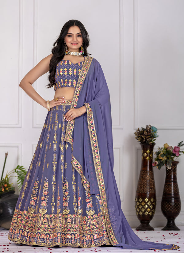 💜 Elegant Lavender Embroidered Lehenga Choli Set for Women | Floral Threadwork ✨ | Net Dupatta | Festive & Wedding Wear 👑