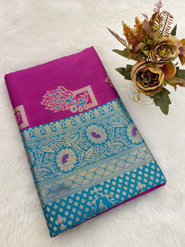 🌸 Pink & Blue Banarasi Silk Saree with Golden Zari Weaving & Peacock Motif 🦚 | Traditional Bridal & Festive Wear