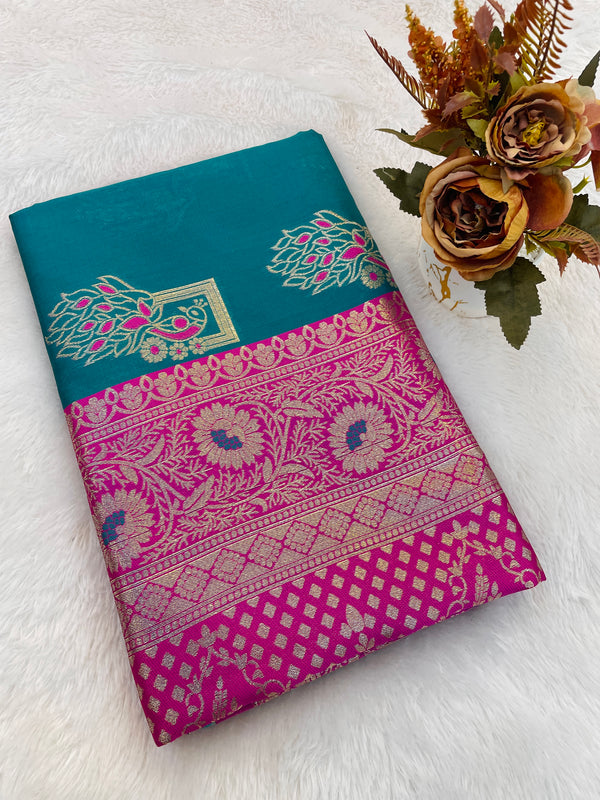 🦚 Rama Green & Rani Pink Banarasi Silk Saree with Peacock Embroidery & Zari Floral Weaving 💖 | Traditional Wedding & Festive Wear