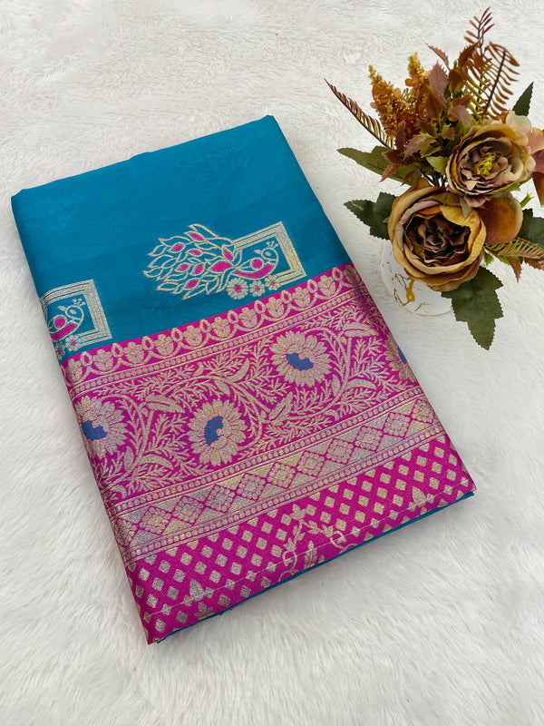 Sky Blue & Rani Pink Banarasi Silk Saree with Peacock & Floral Zari Work 🦚🌸 | Wedding & Traditional Wear