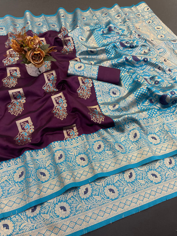 🍷 Royal Wine & Sky Blue Banarasi Silk Saree with Peacock Motifs 🦚 | Wedding & Festive Wear
