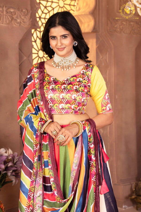 🌈 Multicolor Patola Print Lehenga Choli Set with Striped Dupatta & V-Neck Blouse 💃✨