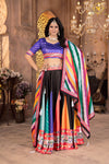 🎉 Multicolor Traditional Bandhani Print Lehenga Choli with Striped Dupatta & Mirror Work Border ✨🌈