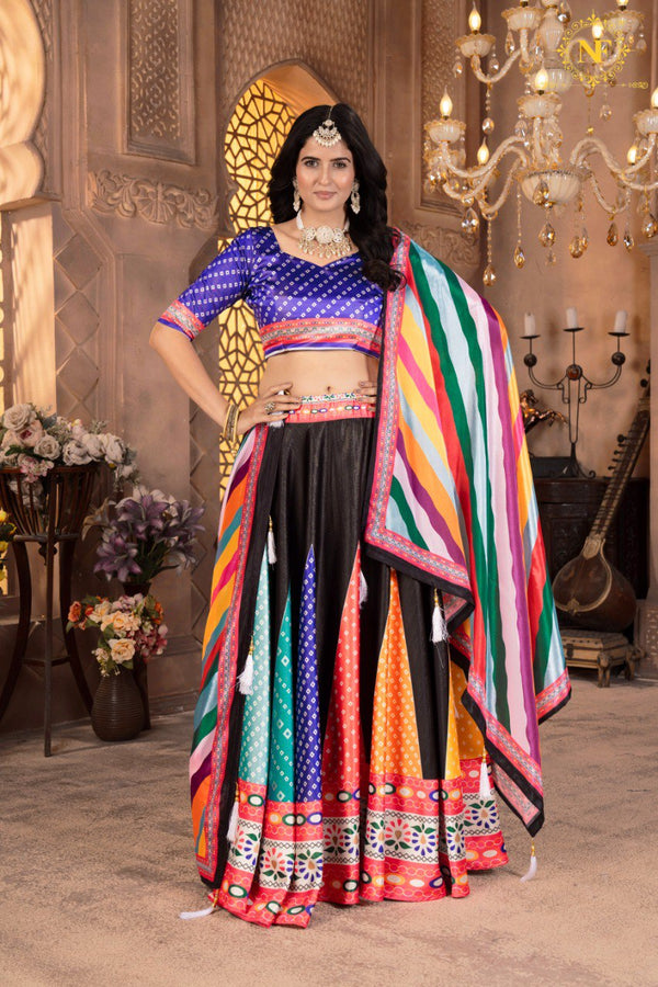 🎉 Multicolor Traditional Bandhani Print Lehenga Choli with Striped Dupatta & Mirror Work Border ✨🌈