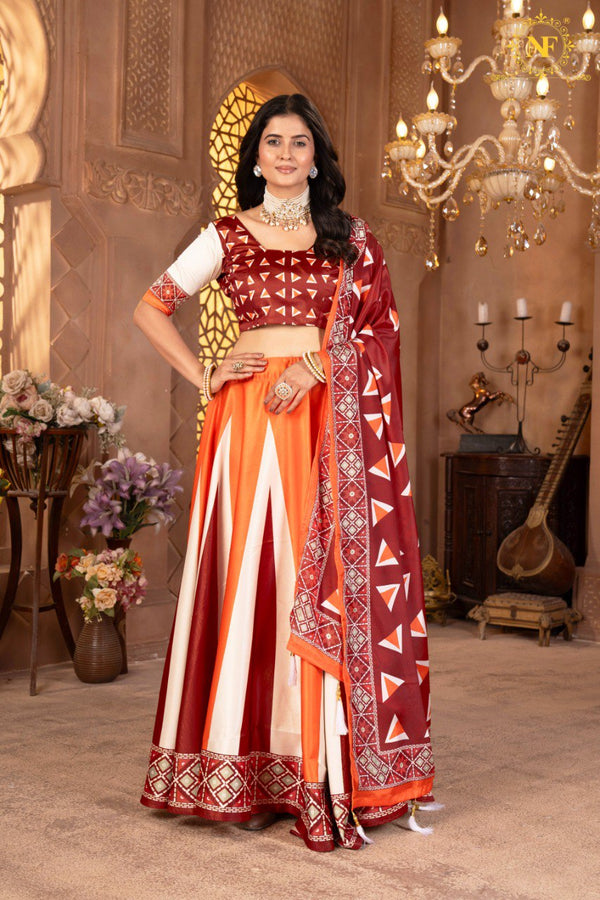 🔥 Rust Orange & Maroon Geometric Print Lehenga Choli Set with Mirror Work Dupatta ✨🧡