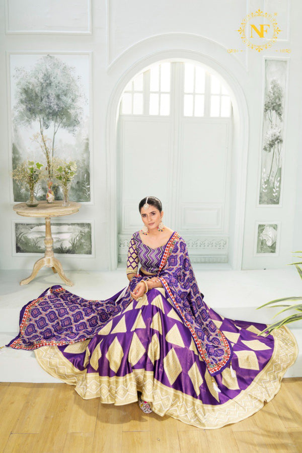 💜 Royal Purple & Cream Diamond Pattern Lehenga Choli with Traditional Bandhej Dupatta 👑✨