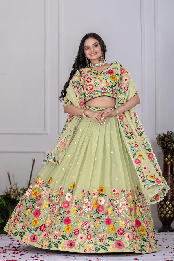 💚 Pastel Green Floral Embroidered Lehenga Choli Set 🌸 | Elegant Georgette Ethnic Wear for Weddings & Festive Occasions ✨