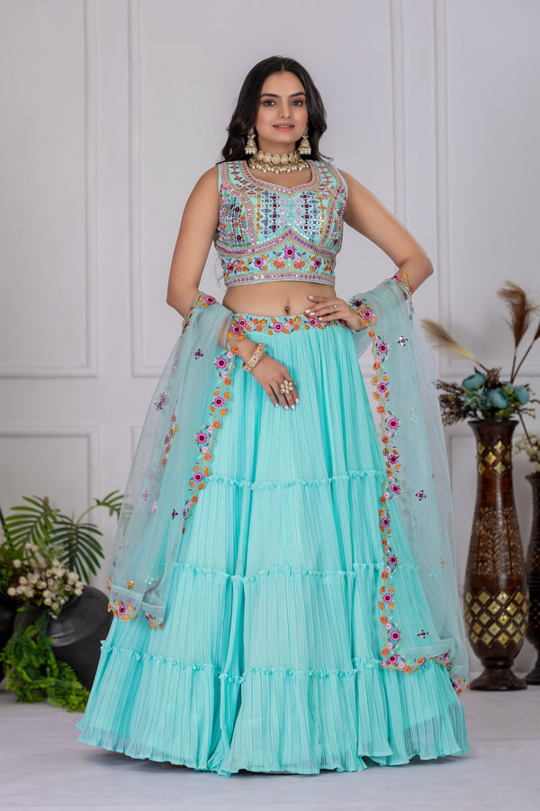 💎 Sky Blue Ruffle Lehenga Choli Set 🌊 with Mirror & Thread Work 💫 | Georgette & Net | Wedding & Festive Wear for Girls