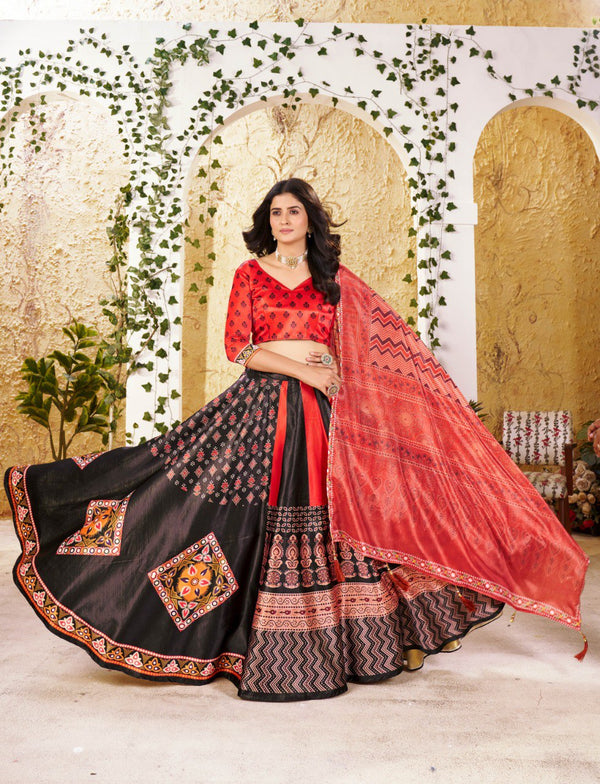 🖤🔥 Black & Red Bandhej Print Lehenga Choli with Traditional Ajrakh Dupatta – Ethnic Fusion Elegance 🪔✨