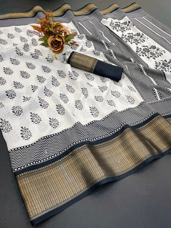 🖤 Elegant White & Black Cotton Silk Saree with Antique Zari Border ✨ | Traditional Leaf Print | Party & Festive Wear
