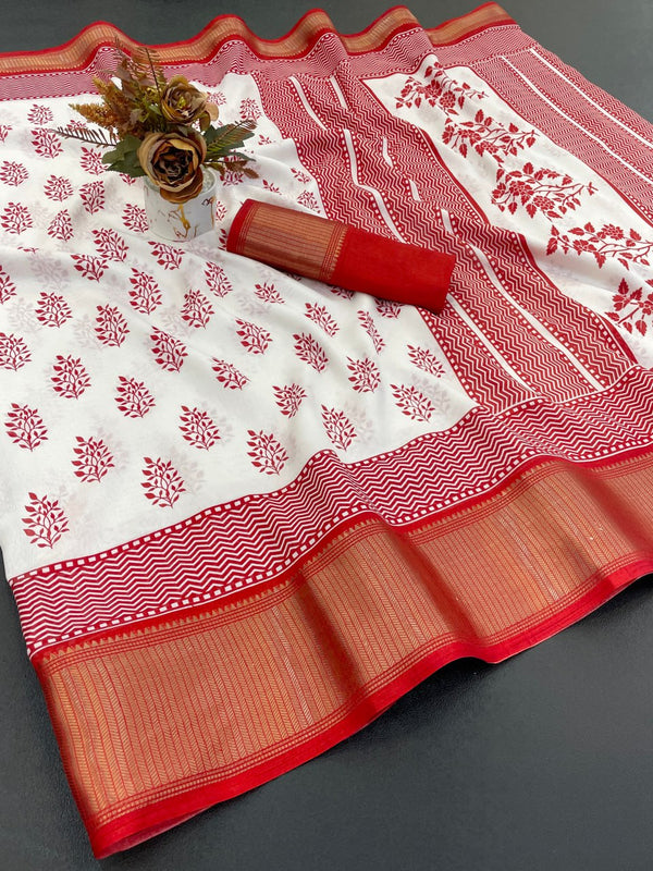 🤍 Elegant White & Red Cotton Silk Saree with Zari Border ✨🌺 | Festive & Traditional Wear