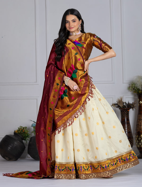 💫 Cream & Maroon Banarasi Silk Lehenga Set with Golden Zari & Lotus Motifs 🌺👑