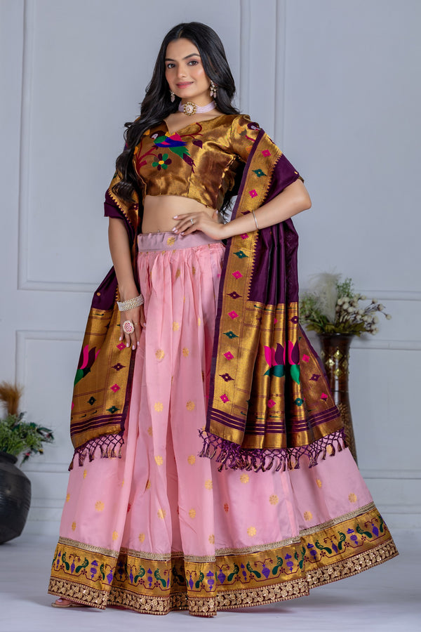 💖 Pink & Maroon Banarasi Silk Lehenga Set with Embroidered Border & Lotus Motifs 🌸👑