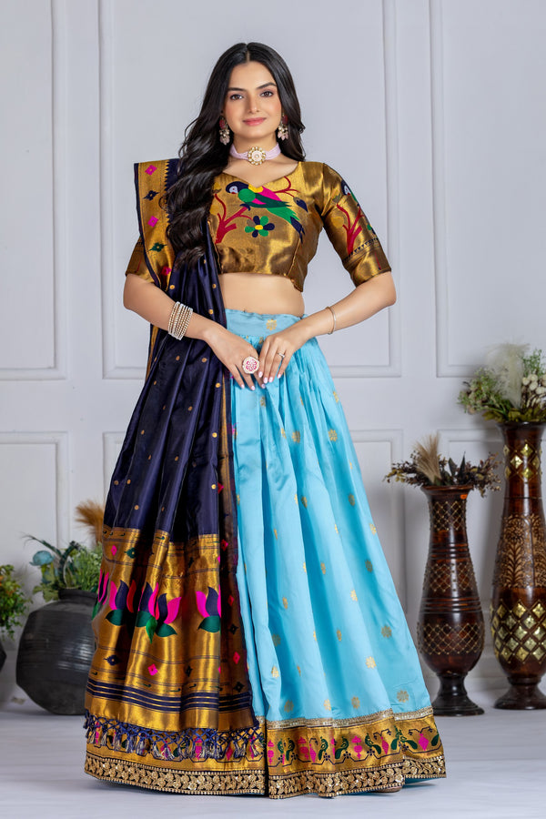 💙 Sky Blue & Navy Blue Banarasi Silk Lehenga Set with Golden Zari & Parrot Motif Blouse 🦜✨
