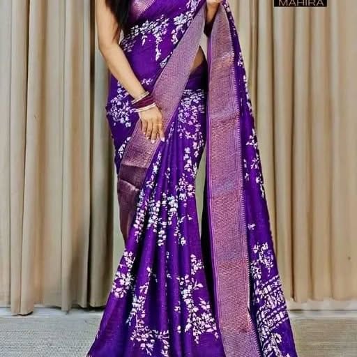 💜 Graceful Purple Floral Printed Soft Silk Saree 🌸 | Contrast Woven Border | Festive & Casual Wear