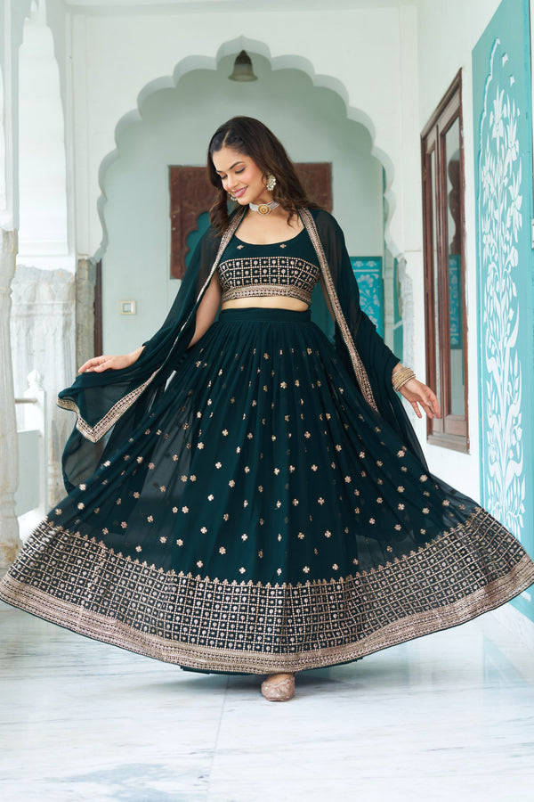 🖤 Bottle Green Georgette Embroidered Lehenga Choli Set with Mirror & Sequin Work ✨🌿