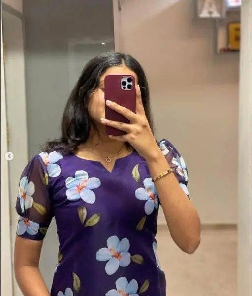💜 Elegant Purple Floral Organza Dress with Puff Sleeves 🌸 | Trendy Party & Casual Wear
