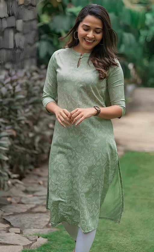 🌿 Sage Green Cotton Kurti with Subtle Leaf Print 🍃 | Elegant Daily & Office Wear