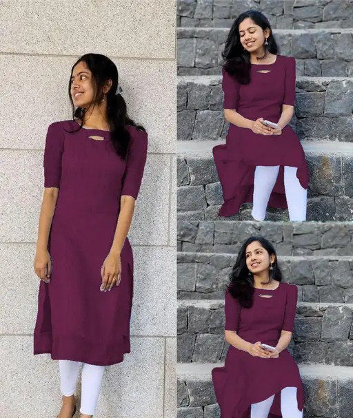 💜 Solid Wine Purple Cotton Kurti with Keyhole Neckline ✨ | Stylish Office & Everyday Wear
