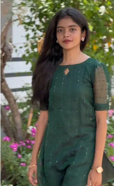 🌿 Dark Green Kurti with Sheer Sleeves & Subtle Sequin Detailing ✨ | Elegant Party & Office Wear