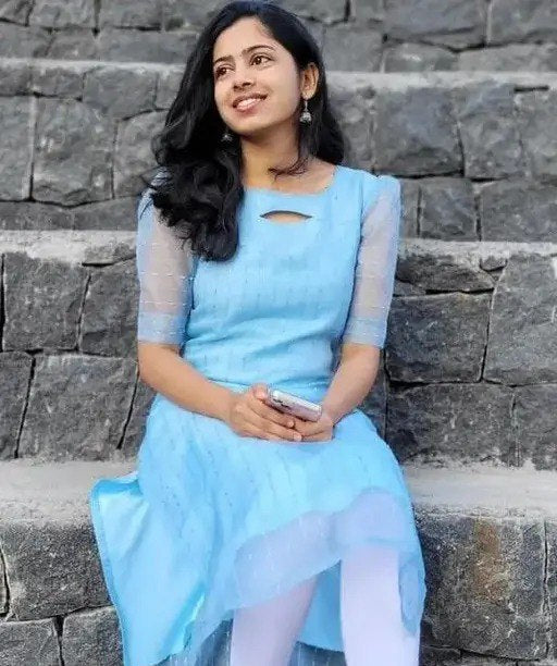 💙 Sky Blue Kurti with Sheer Sleeves & Subtle Sequin Lines ✨ | Elegant Summer & Office Wear
