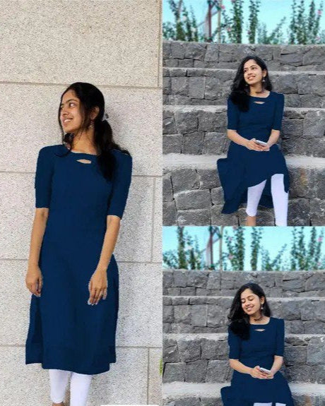 💙 Elegant Navy Blue Solid Kurti with Keyhole Neckline ✨ | Perfect Office & Everyday Wear