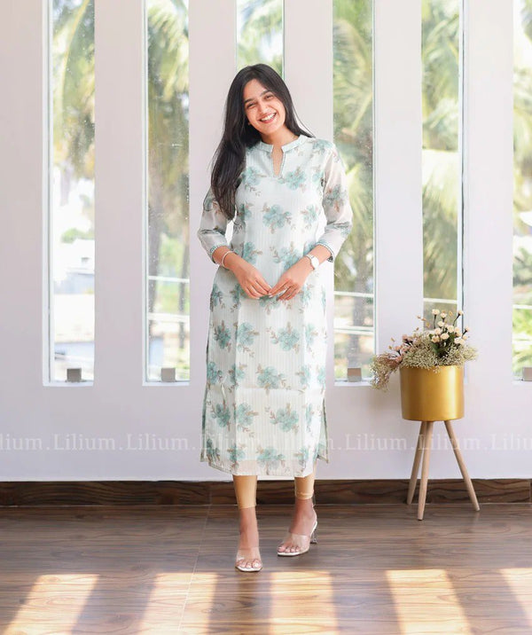 🤍 Pastel White Floral Printed Organza Kurti with Lining 🌸 | Elegant Summer & Festive Wear