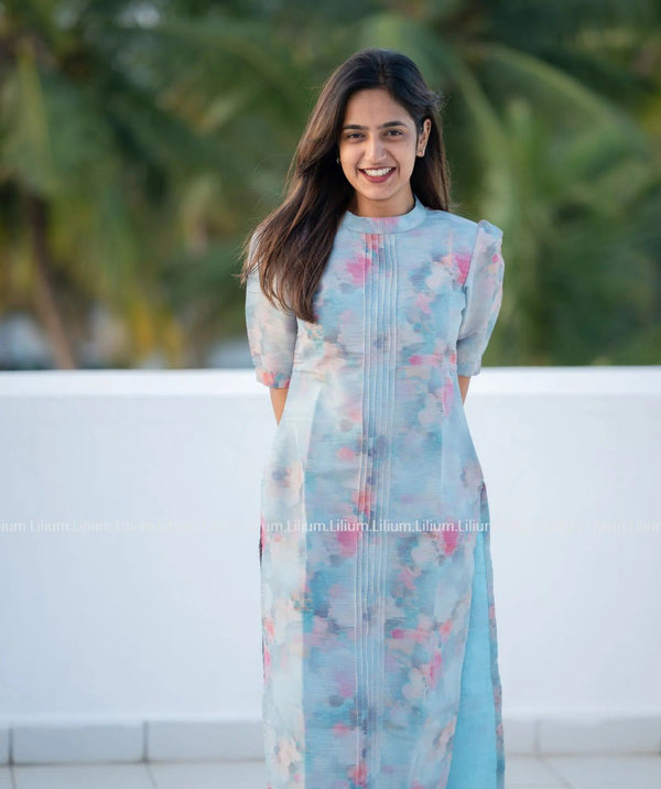 🌸 Pastel Blue Floral Organza Kurti with Pintuck Detailing 💫 | Elegant Summer & Festive Wear