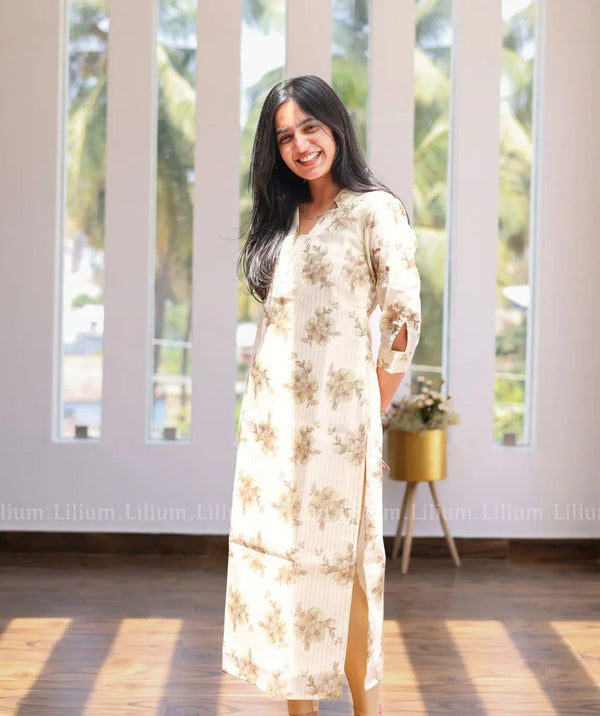 🌼 Cream Floral Printed Organza Kurti with Lining & Tie-Sleeves 🤍 | Elegant Ethnic & Summer Wear
