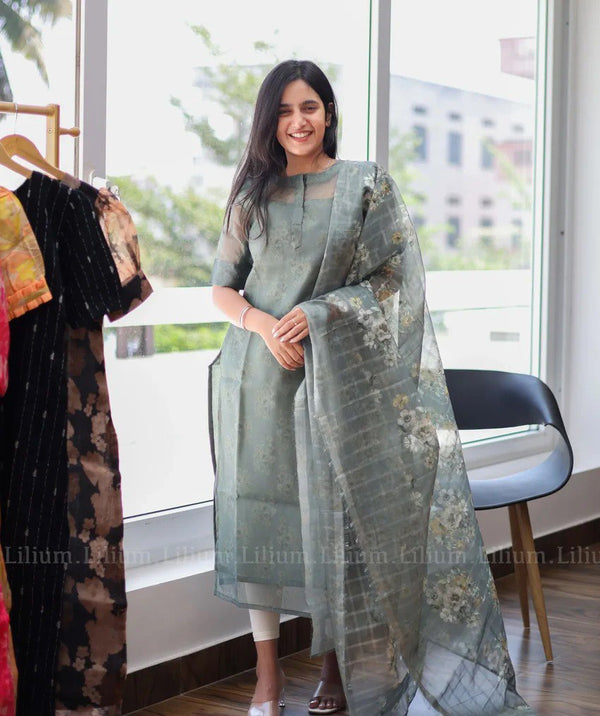 ✨ Elegant Sage Green Organza Floral Suit Set 🌿 | Semi-Transparent Dupatta | Festive & Office Wear
