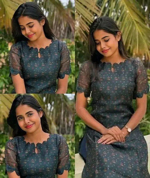 🌺 Elegant Charcoal Black Floral Dress for Women 🌿 | Soft Net Sleeves | Scallop Neck | Western Ethnic Fusion
