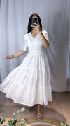 🌸 Elegant White Cotton Embroidered Midi Dress 👗 | Summer Chic | Eyelet Lace Detailing