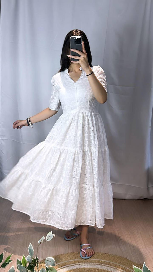 🌸 Elegant White Cotton Embroidered Midi Dress 👗 | Summer Chic | Eyelet Lace Detailing