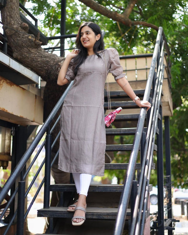 🌟 Elegant Brown Polka Kurti 🤎 | Puff Sleeve Casual Ethnic Wear | Soft & Breathable Fabric