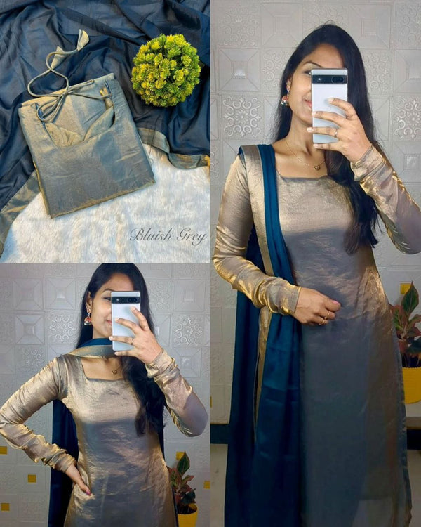 ✨ Elegant Bluish Grey Shimmer Kurti Set with Dupatta 💫 | Festive Wear | Premium Tissue Silk Fabric