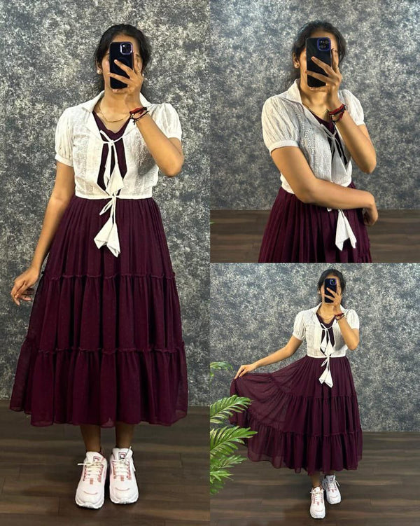 🍷 Maroon Tiered Midi Dress with White Shrug 🧵 | Georgette & Cotton Blend | Western Chic Style