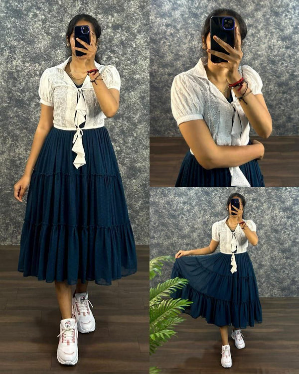 💙 Navy Blue Tiered Midi Dress with White Shrug 🤍 | Elegant Georgette & Cotton Combo | Casual Western Outfit for Women